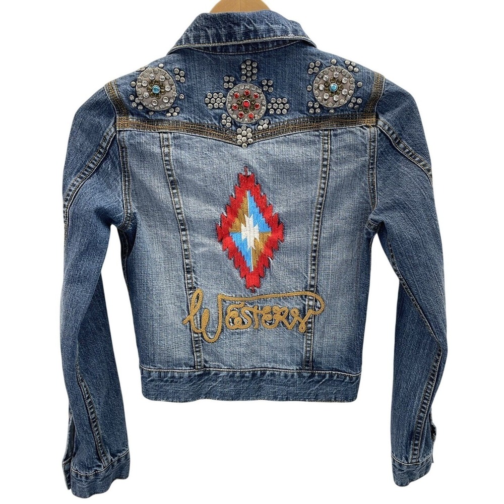 Western Denim Bank Jacket Southwestern Boho Tribal Studded Embroidered Small